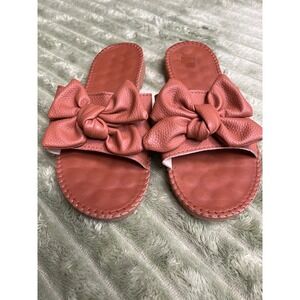 Womens Dusty Rose Bow Slide Sandals Textured Faux Leather Slip On Flat Shoes